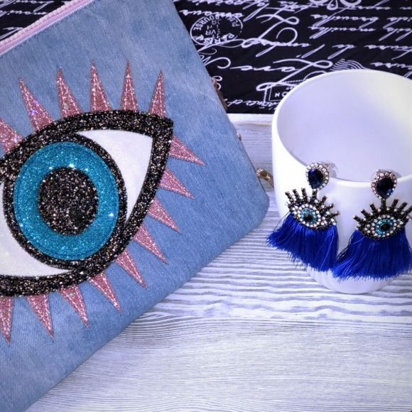 Gorgeous Evil Eye👁 Blue Tassel Drop Earrings - Picture 3 of 3